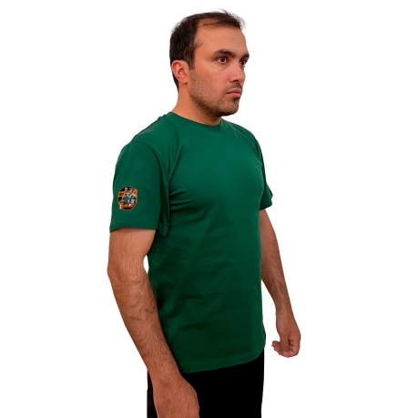 Зелёная футболка с гвардейским термотрансфером ЛДНР Zа праVду на рукаве