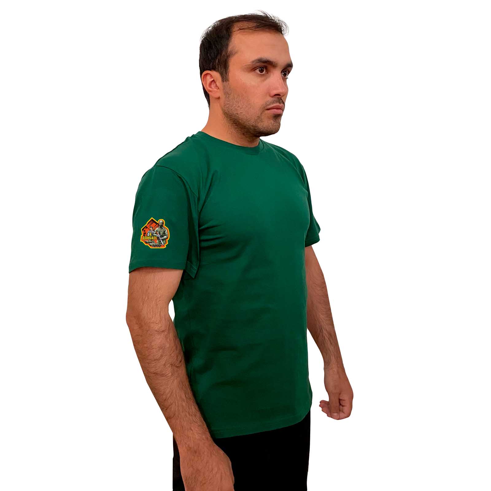 Зелёная футболка с термоаппликацией "Zа Донбасс" на рукаве