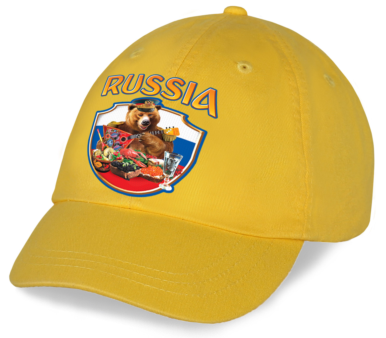 Заказать живописную хлопковую кепку с оригинальным принтом Russia Мишка приглашает за стол по выгодной цене