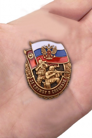 Знак За службу в Спецназе России на подставке - вид на ладони